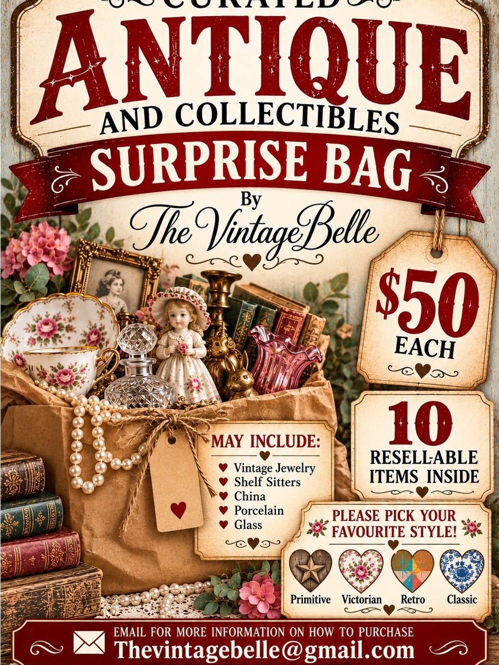 Antique & Collectibles Surprise Bag - Cream and Red